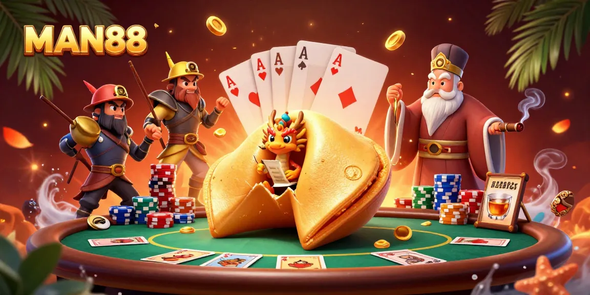 Experience the excitement of MAN88 with a golden fortune cookie scene revealing gaming treasures.