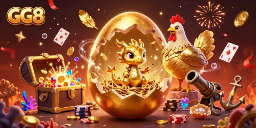 Experience winning excitement at GG8 with a baby dragon and golden treasures amidst vibrant casino elements.