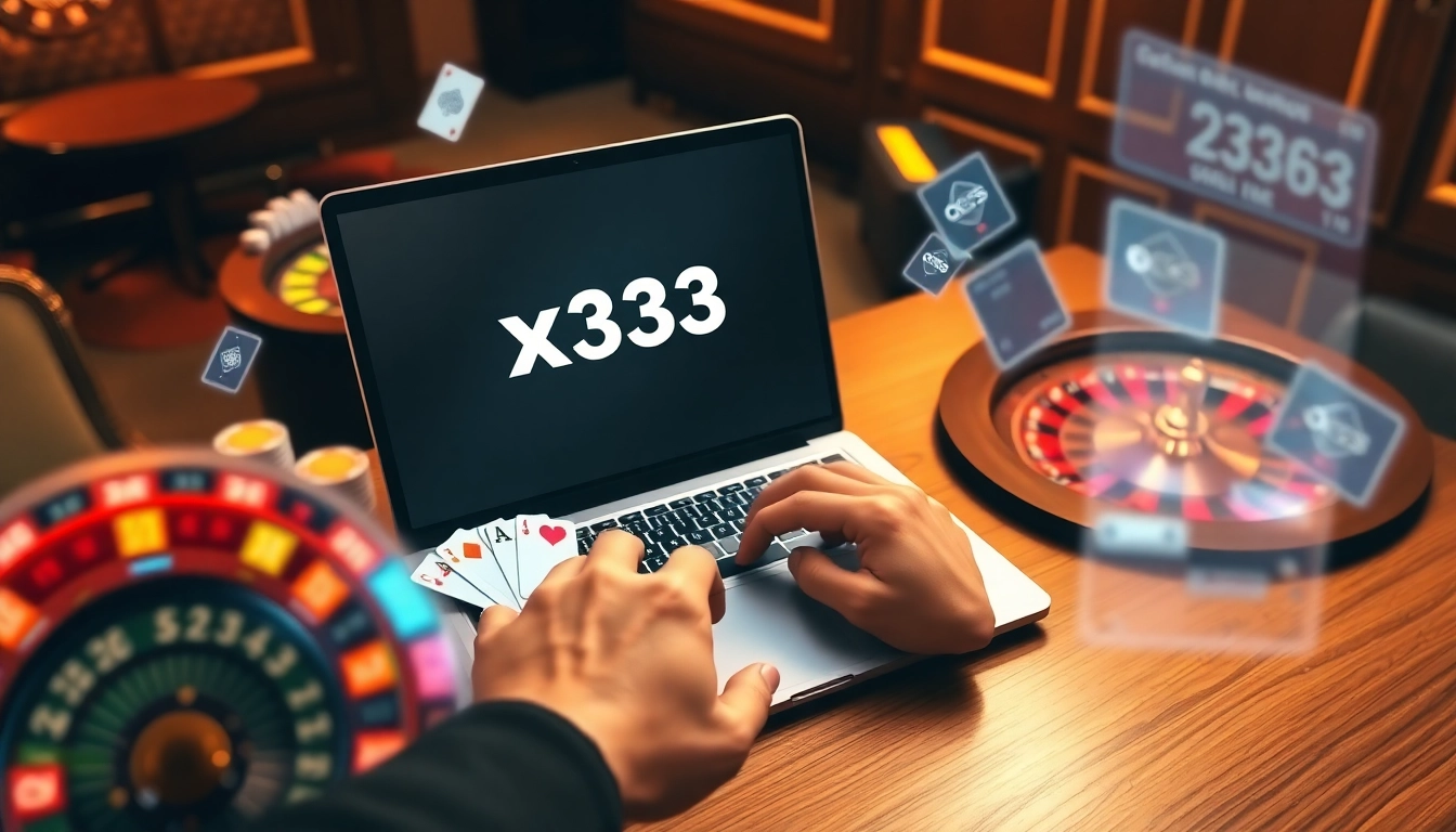 Engaging x333 online casino interface showcasing dynamic betting with roulette, poker chips, and slot machines