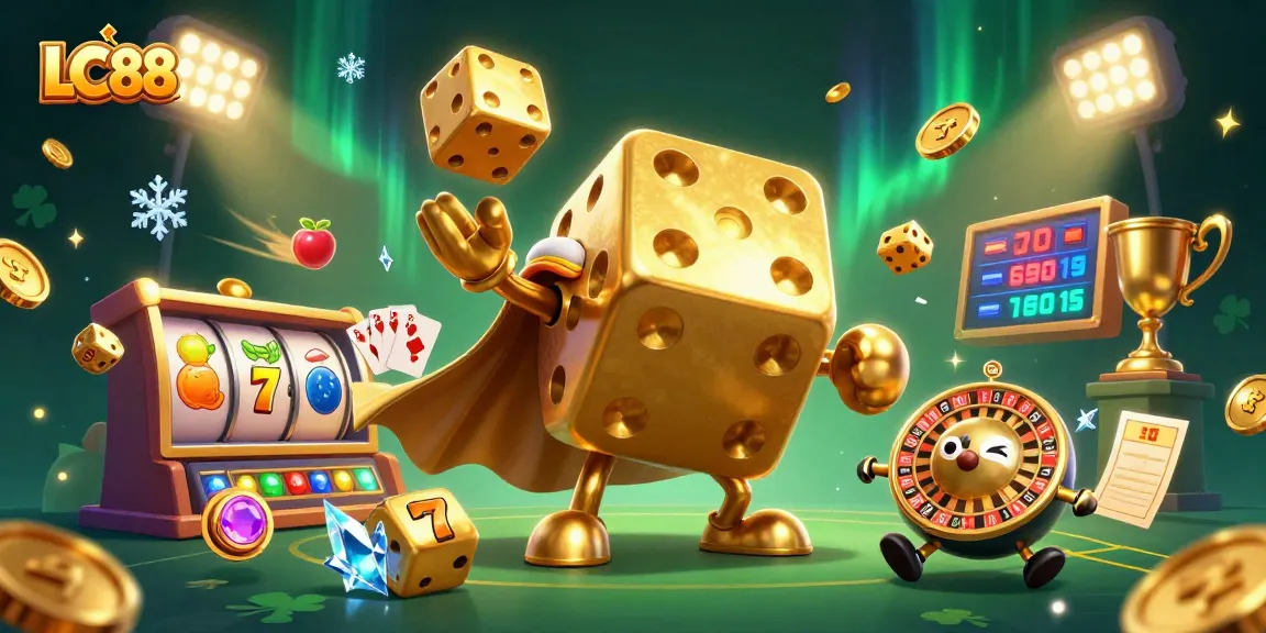 Experience winning strategies at LC88 with dynamic golden dice and colorful slot elements in a vibrant casino scene.