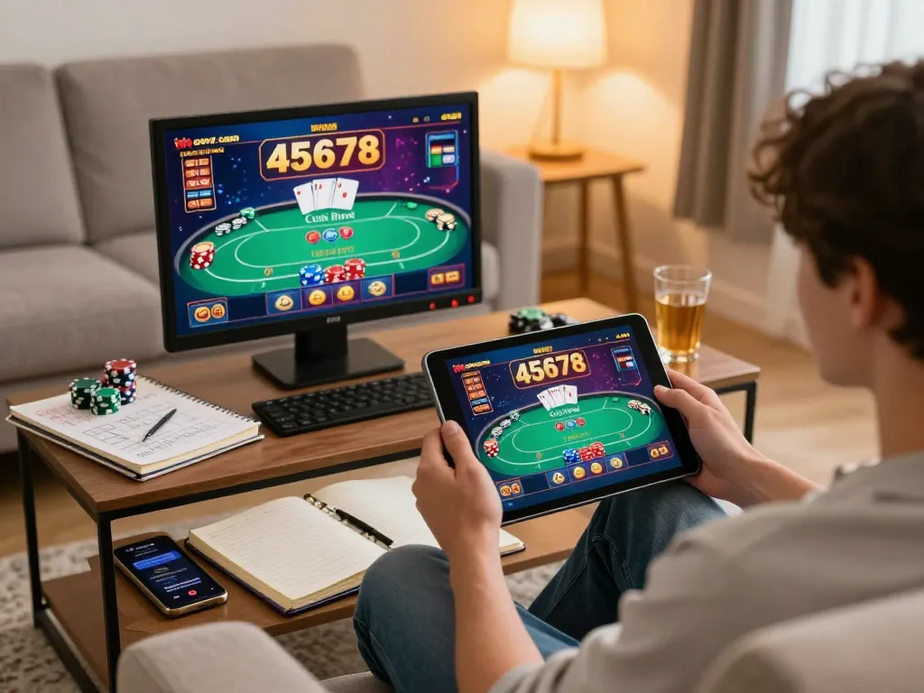 Engaged player enjoying online gaming on 45678 com app, showcasing cozy home setup and strategic betting.