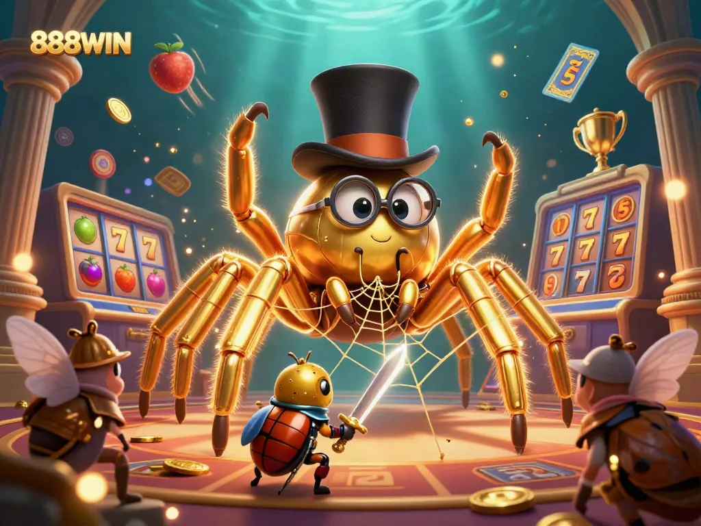 Experience the thrill of 888WIN with a giant tarantula and brave beetle knight in a captivating casino scene.