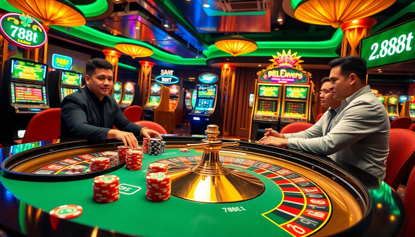 Players enjoy a thrilling game at 788t's luxury casino table with vibrant slot machines in the background.