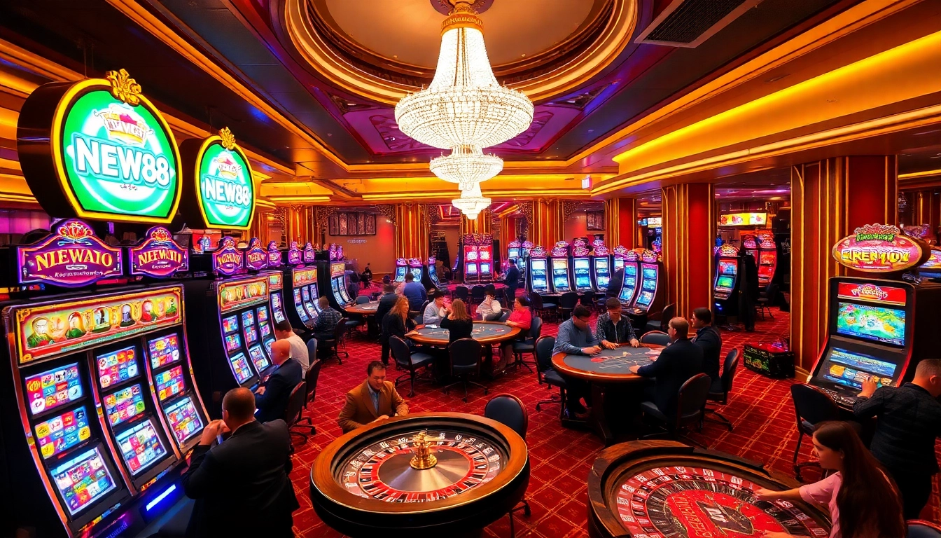 Experience the excitement of gaming at NEW88 with vibrant slot machines and engaging players.