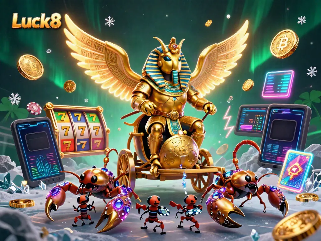 Experience thrilling wins with Luck8 in this dynamic 3D casino scene featuring a golden scarab and vibrant slot elements.