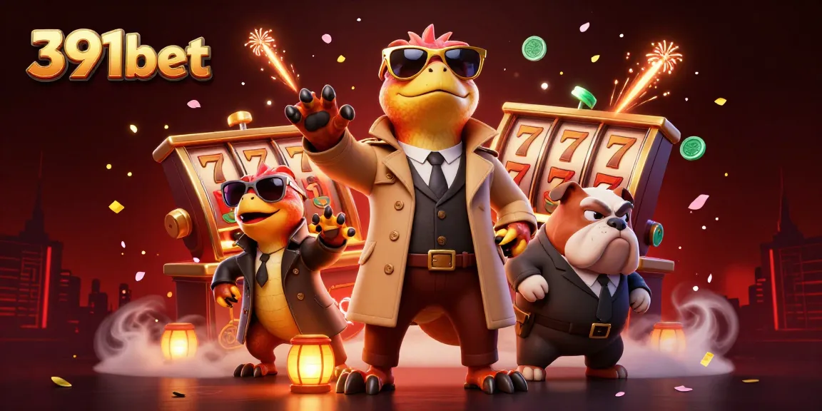 Experience excitement at 391bet with cartoon raptors entering a casino lounge, surrounded by game elements.