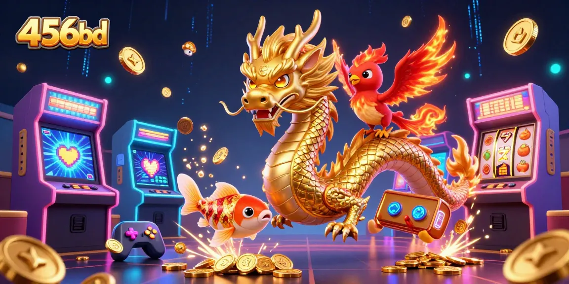 Experience the excitement of 456bd's casino world with a dragon and phoenix amidst flying coins.