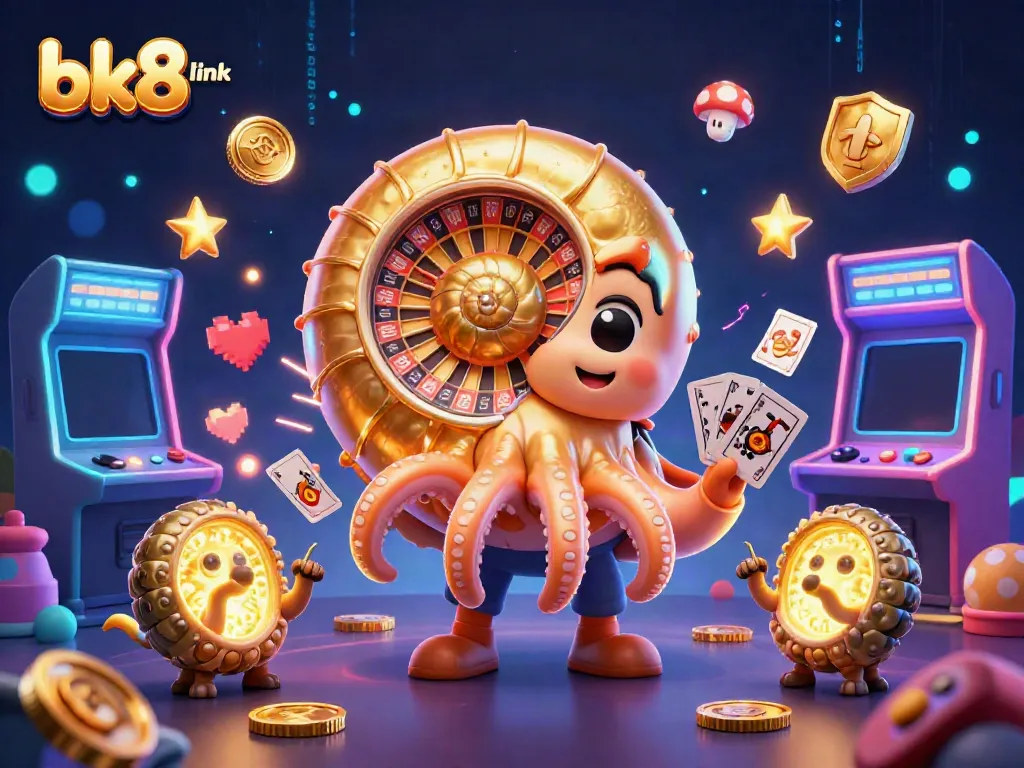 Engage with bk8 link through a vibrant digital casino world, showcasing dynamic characters and casino elements.