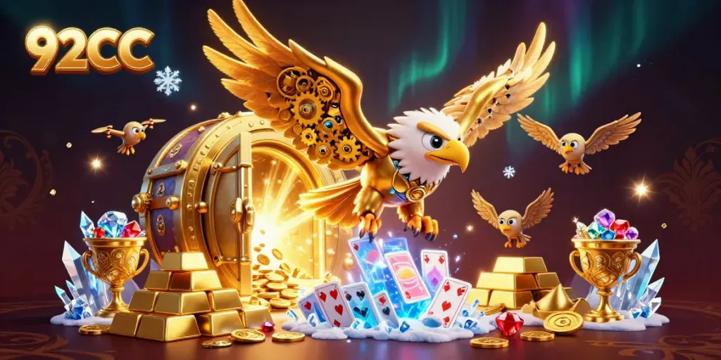 Engage with thrilling 92CC casino gaming, featuring dynamic golden eagle and holographic cards.