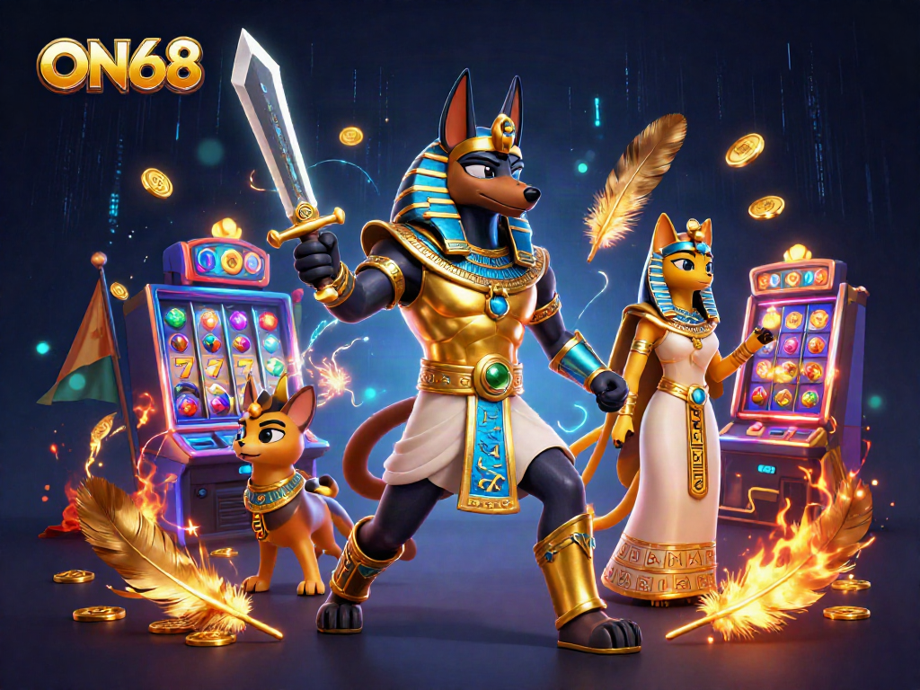 Experience the excitement of ON68 with Anubis and Bastet in a vibrant casino scene.
