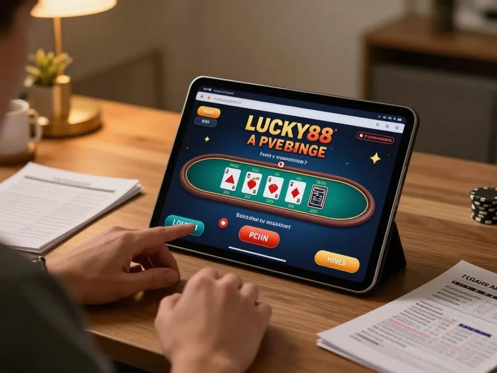 Engaging with LUCKY88 online blackjack on a tablet in a warm home office setting