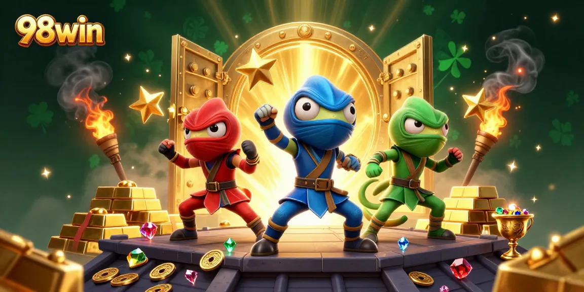 Experience thrilling action with 98win's vibrant casino scene featuring ninja chameleons and dynamic treasures.
