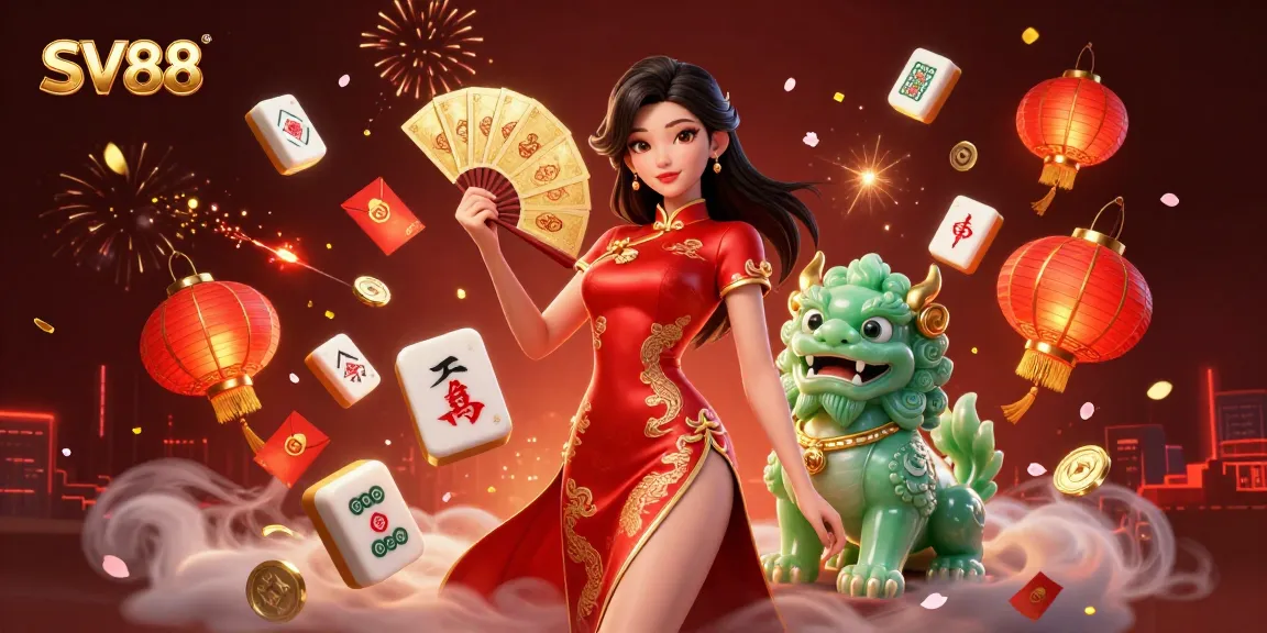 Experience thrilling casino action with SV88 featuring an elegant woman and jade lion in a vibrant scene.