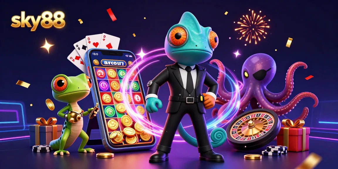 Sky88 casino illustration showcasing vibrant gaming elements with a unique character ensemble.