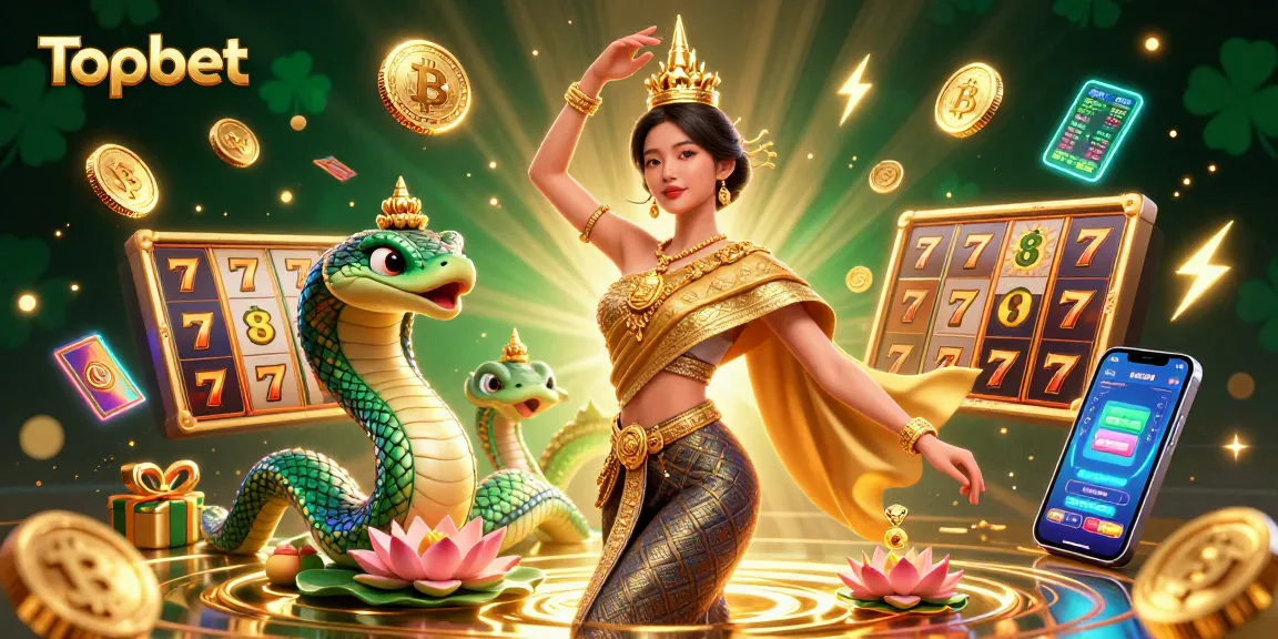 Experience Topbet's vibrant 3D casino scene with traditional Thai characters and slot elements.