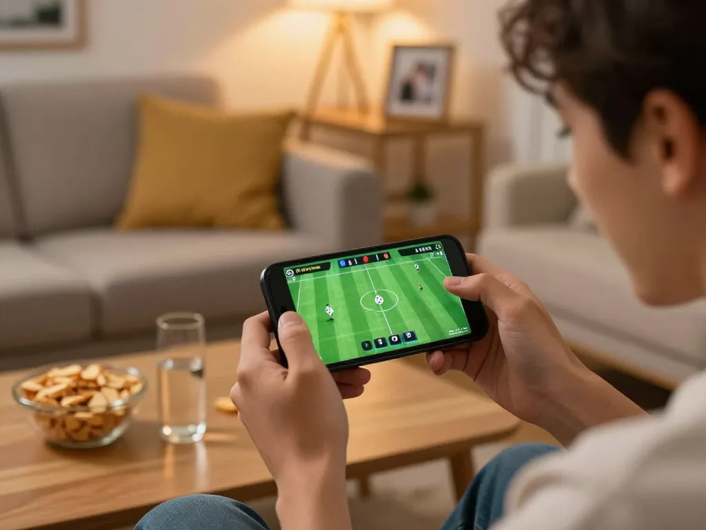 Socolive user enthusiastically placing a football bet on smartphone in cozy living room setting.