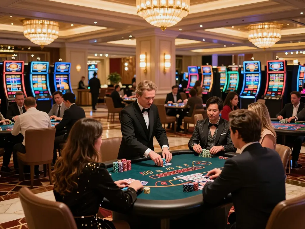 Players engaging in strategic blackjack at a luxurious casino, showcasing cm88's vibrant gaming experience.