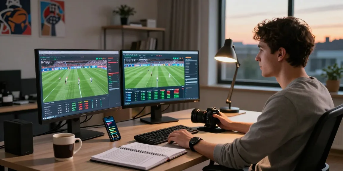 Detailed scene of a sports betting analysis setup as a man engages in giải mã kèo nhà cái using multiple screens and notebooks for effective game strategies.