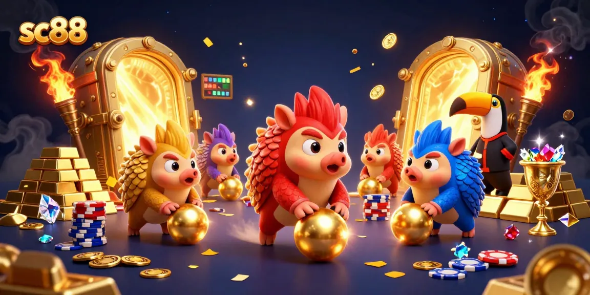 Experience excitement with the sc88 pangolins bowling golden balls amidst stacks of poker chips in a vibrant casino.
