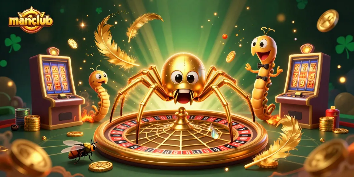 Experience thrilling bets at manclub in a vibrant casino scene with a roulette web and golden spider.