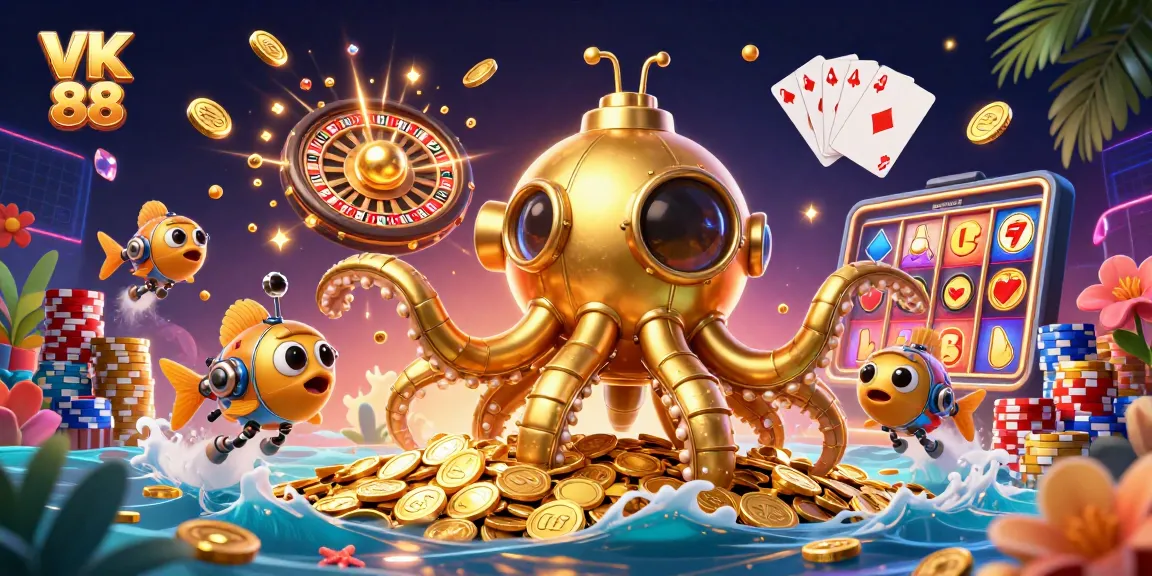 Engage in thrilling gameplay with VK 88, featuring golden coins, slot machines, and a dynamic casino scene.