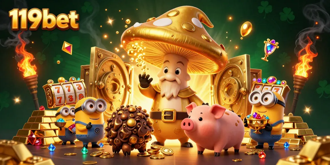 Unveiling treasure at 119bet with a wizard and minions in a magical 3D casino scene.