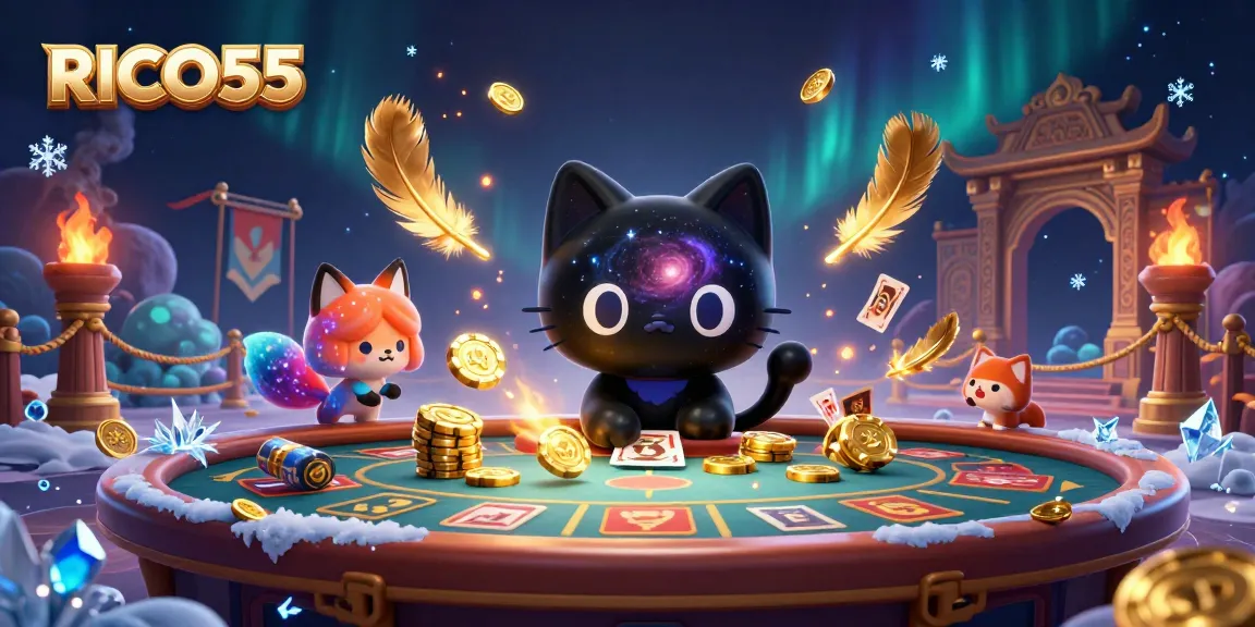Win big at RICO55 with a cosmic cat pulling in golden chips at the casino!