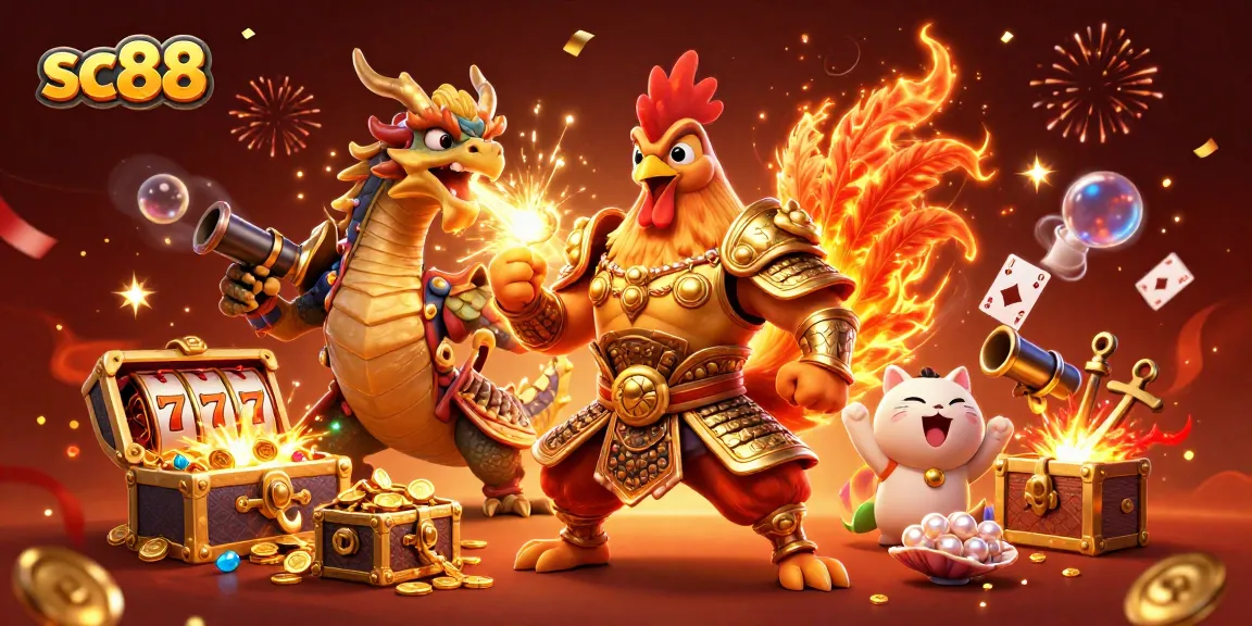 Experience thrilling gameplay with sc88's battle-ready rooster and dragon in a vibrant casino scene.