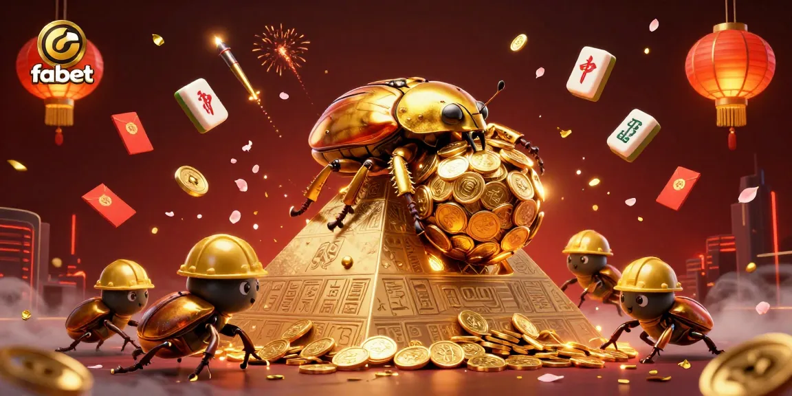 Experience the excitement of fabet with a golden dung beetle rolling coins in a vibrant casino illustration.