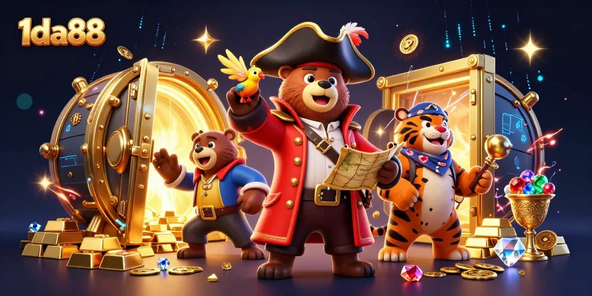 Engage with thrilling moments of 1da88 featuring cartoon pirate bear and tiger in a vibrant casino setting.