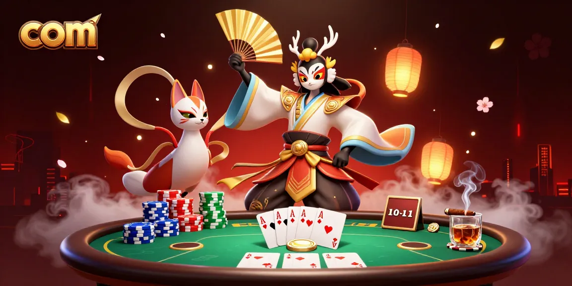 Play exciting poker games with com featuring kabuki warrior and kitsune in vibrant 3D art.