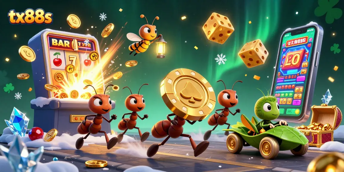 Experience thrilling wins at tx88s with an exciting cartoon heist scene featuring gambling elements like poker chips and slot machines.