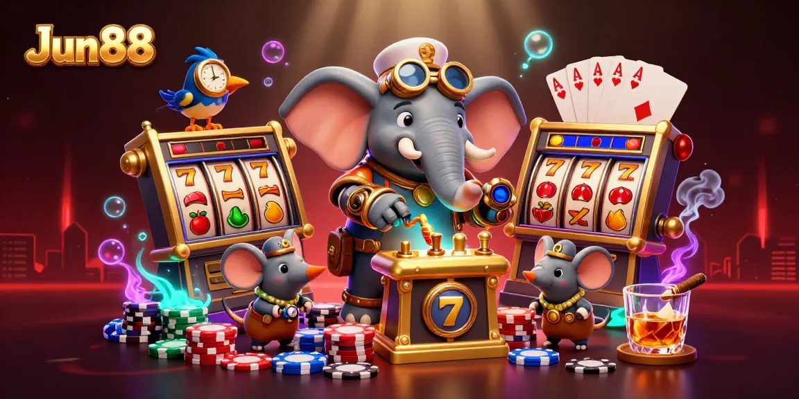 Experience thrilling gameplay at Jun88 with vibrant slot machines, poker chips, and engaging characters in action.