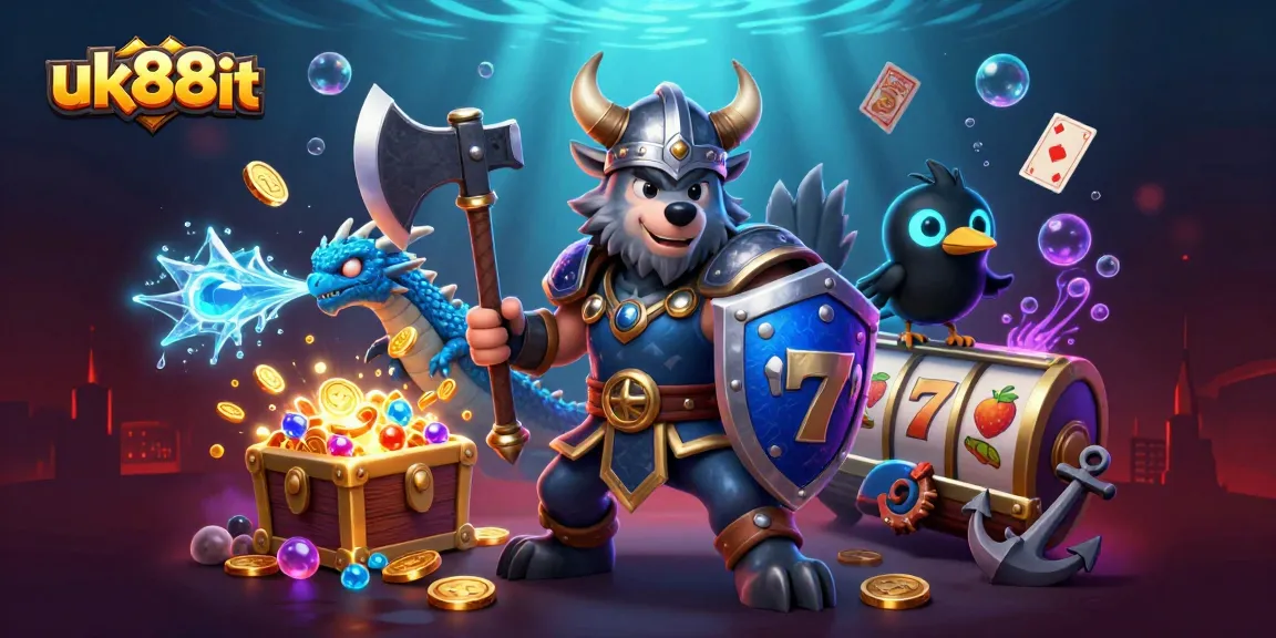 uk88it Vikings battle in a lively casino scene, filled with gold coins and slot reels