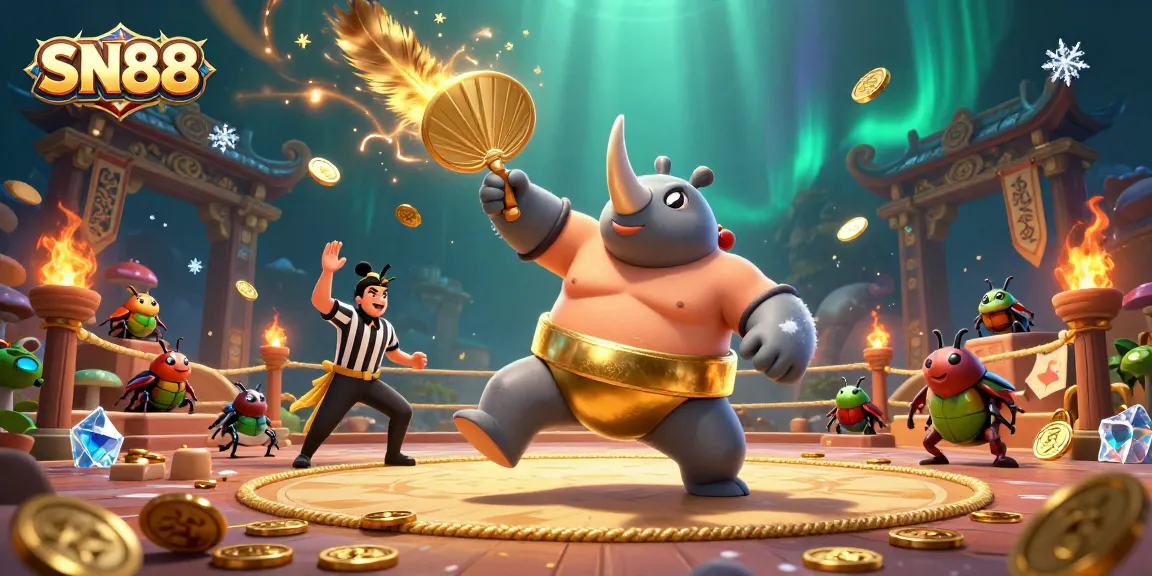 Participate in exciting betting at SN88, where the sumo beetle champion showcases dynamic gameplay in a colorful arena.