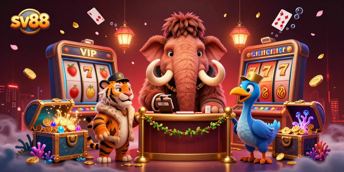 sv88 Casino scene featuring a woolly mammoth bouncer welcoming a saber-tooth tiger VIP amidst slot symbols and treasure.