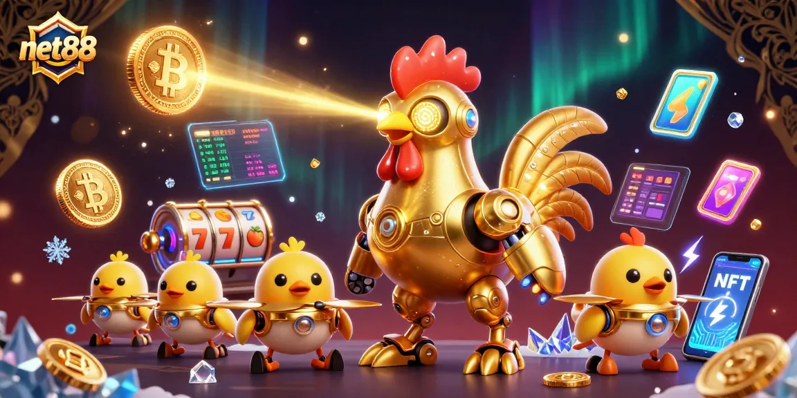 Engage with net88’s vibrant 3D casino scene featuring a futuristic rooster and crypto elements.