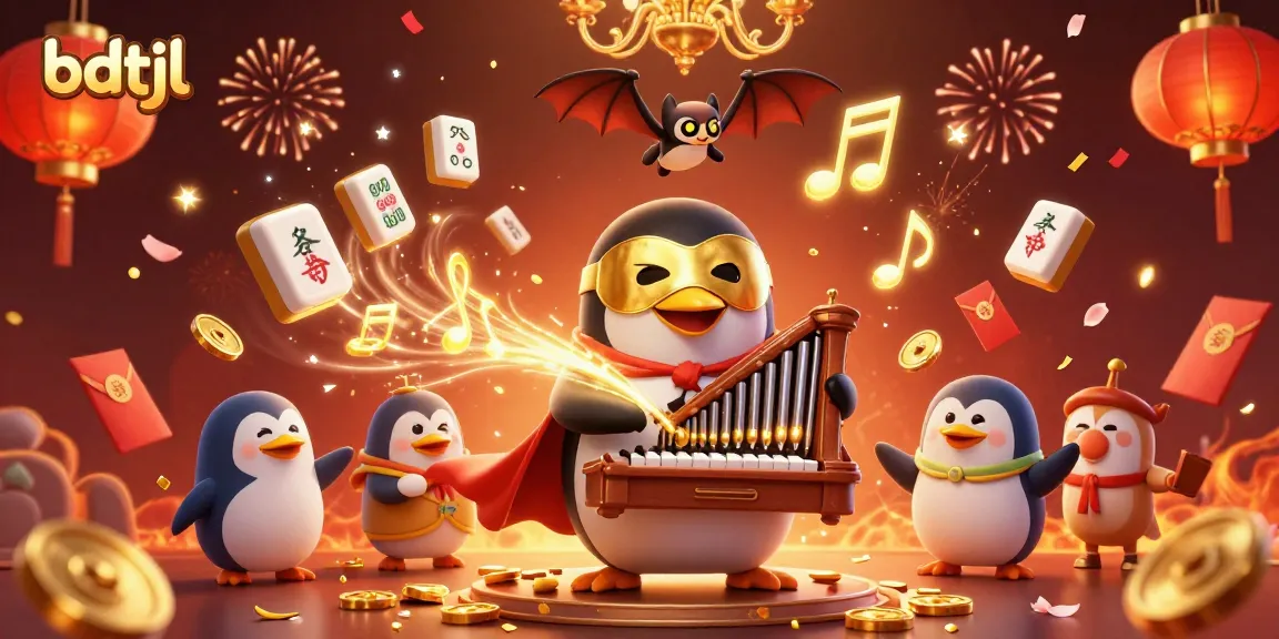 Experience excitement with bdtjl as a phantom penguin plays for gold coins amidst a festive casino atmosphere.