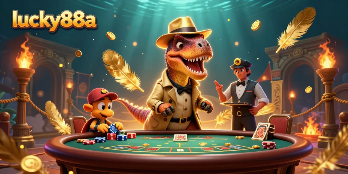 Experience thrilling action at lucky88a with a velociraptor card counter, surrounded by casino elements.