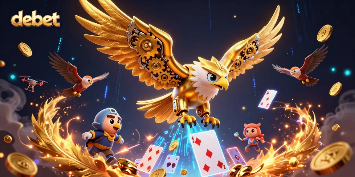 Experience the thrill of debet gaming with a dynamic 3D golden eagle and holographic cards.