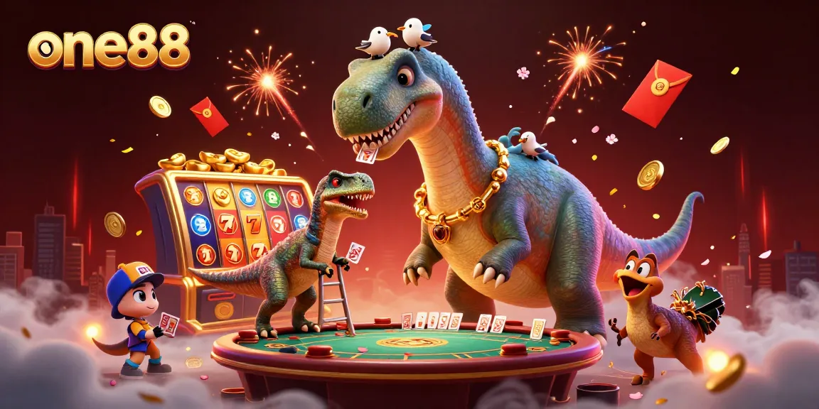 one88 showcases a fun casino scene with a brontosaurus and a raptor dealer amidst vibrant slot games.