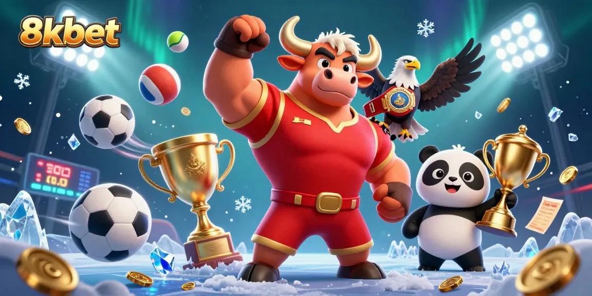 Experience thrilling wins with 8xbet, featuring a muscular bull mascot celebrating alongside a panda and eagle in a dynamic scene.
