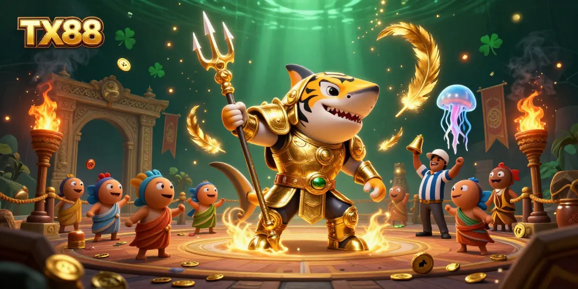 Experience the thrilling TX88 underwater casino with a gladiator shark, fish spectators, and stunning betting elements.
