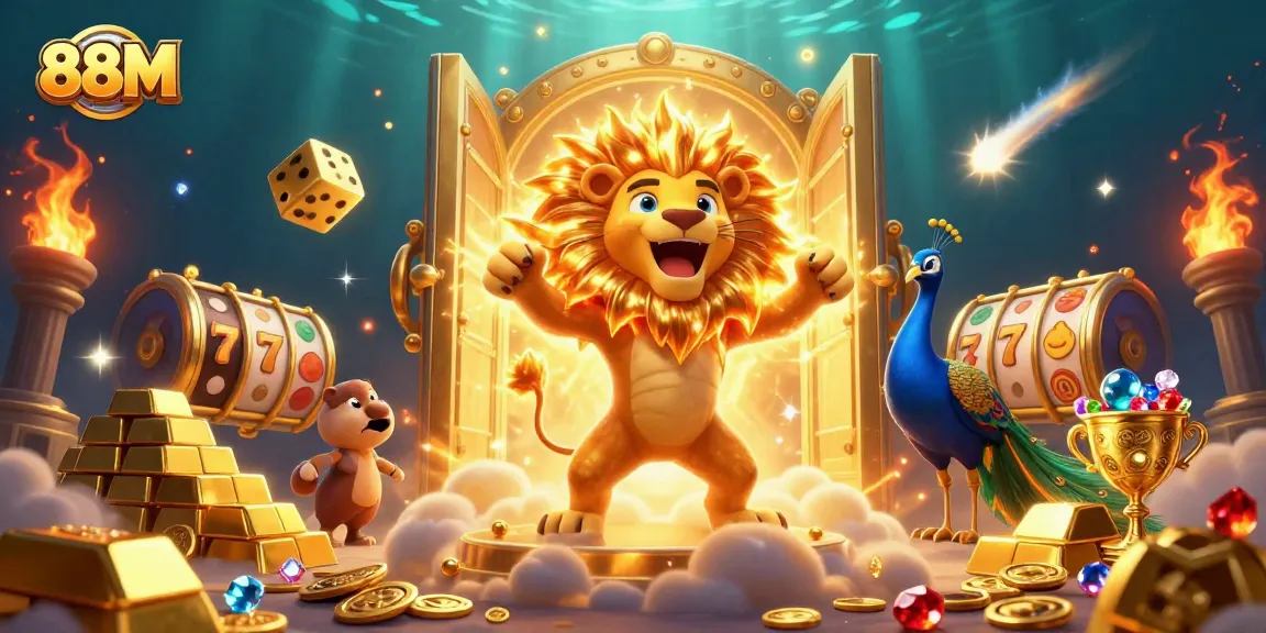 Engage with 88M's vibrant casino adventure featuring a roaring sun lion and golden game elements.