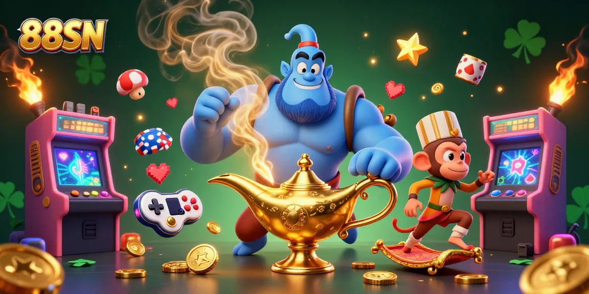 Experience thrilling 88SN casino magic with a vibrant 3D scene of characters and gaming elements.