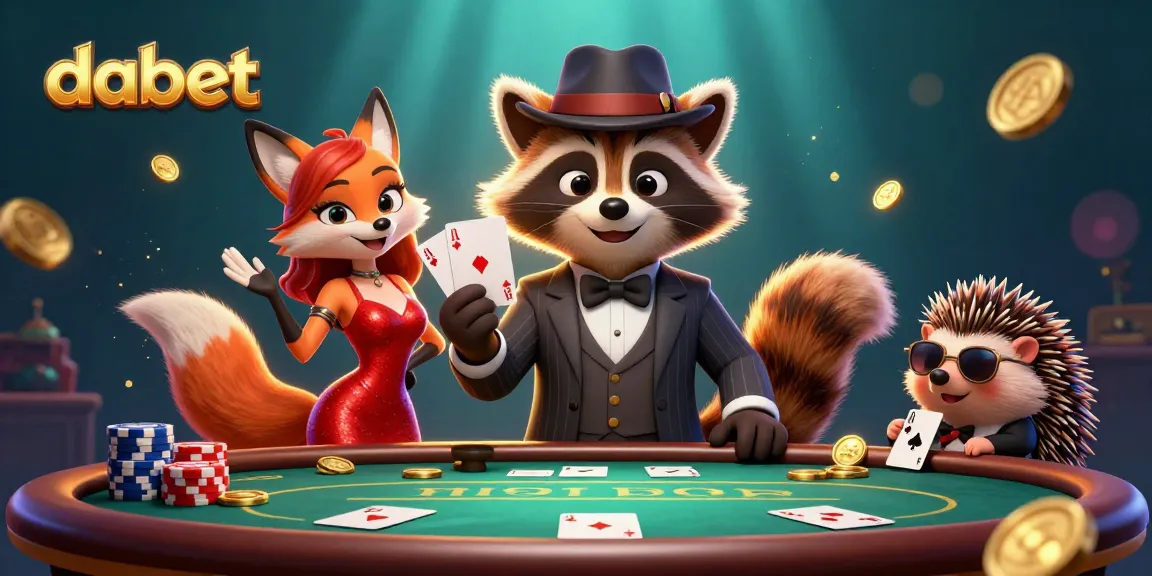dabet showcases a raccoon holding a royal flush surrounded by poker elements in a vibrant casino scene