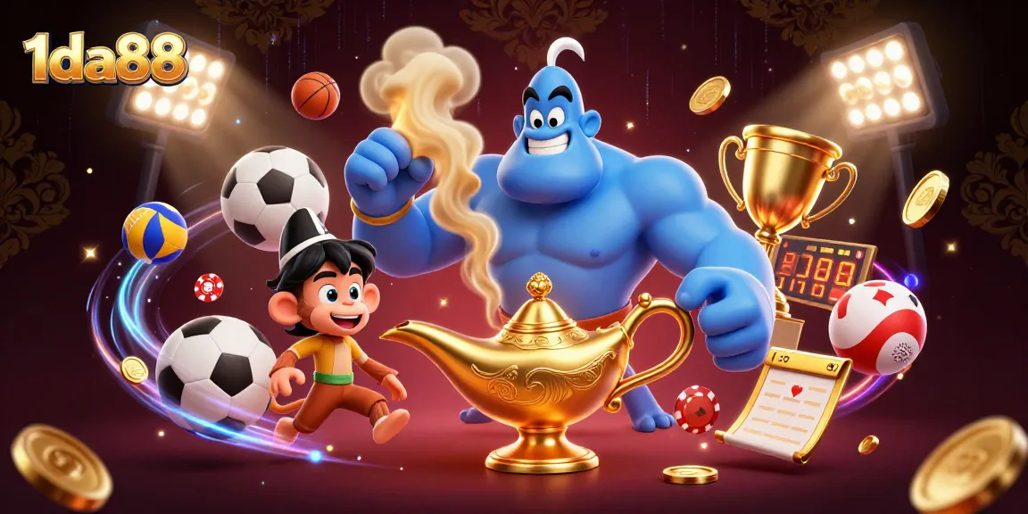 Engage with thrilling action at 1da88, featuring a charismatic genie and vibrant sports elements.