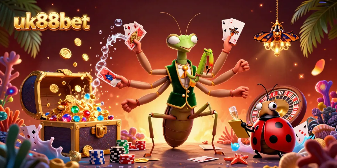 Engage with thrilling uk88bet action as a giant praying mantis dealer showcases games in a vibrant casino scene.