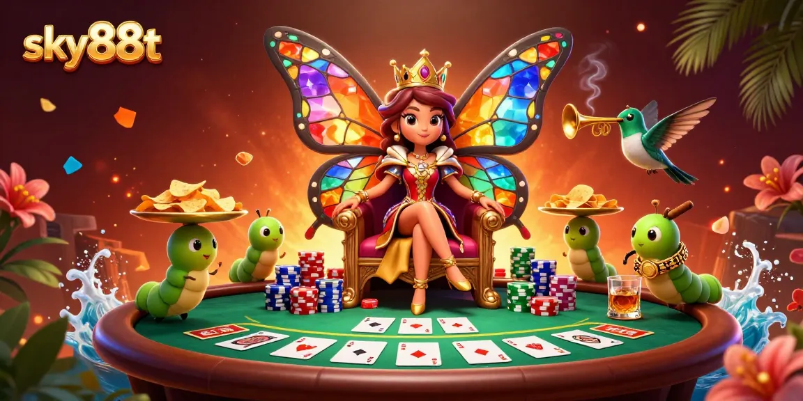 Engage with sky88t's vibrant casino world featuring a butterfly queen, poker elements, and dynamic gameplay.