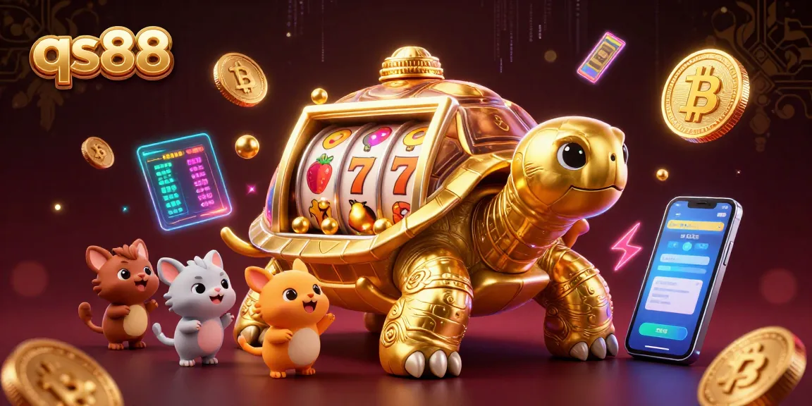 Play exciting slot games with qs88 golden tortoise and vibrant crypto coins in a dynamic casino scene.